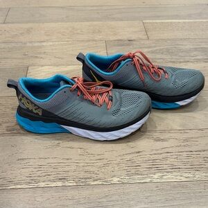 Hoka Gray and Teal Running Shoes with Coral Laces